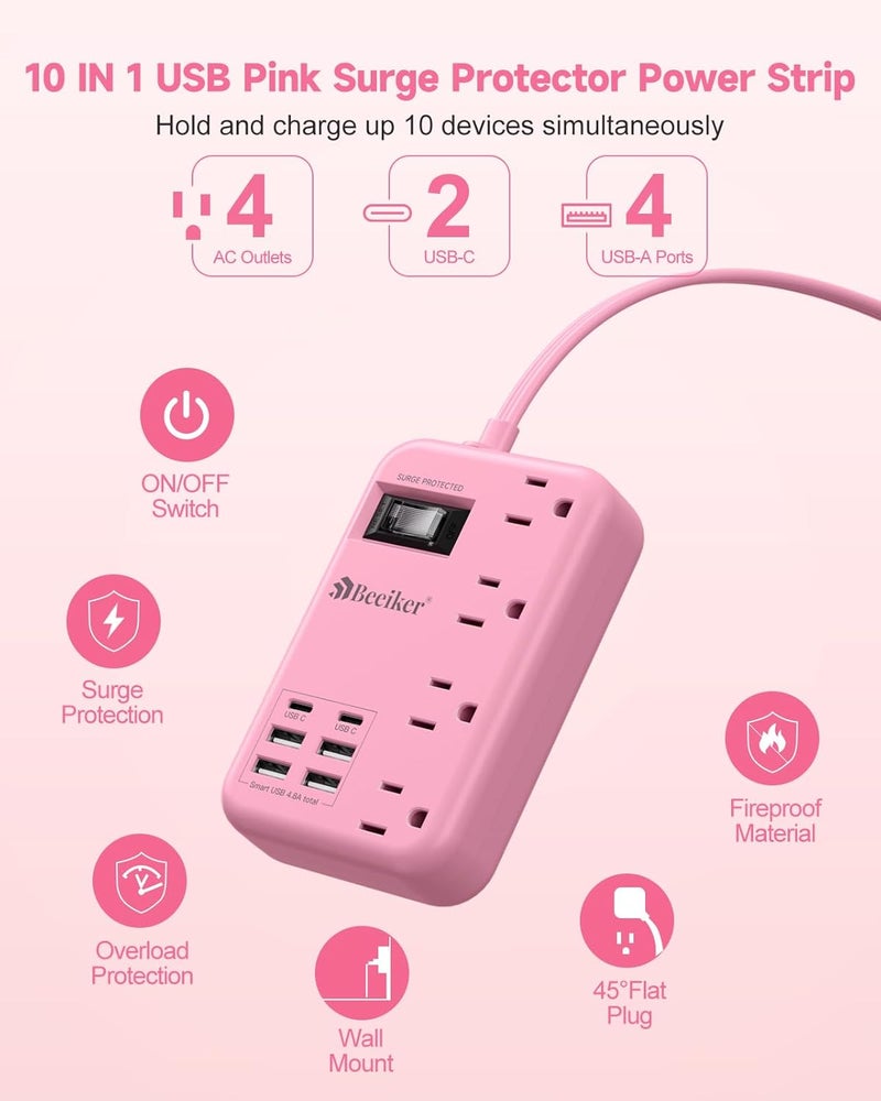 Beeiker 6 USB(2 USB C) Pink Extension Cord- 5Ft Travel Power Strip with 24W USB Charging Station and 4 Outlets, Pink Desk Accessories with Surge Protector for Cute Kawaii Gifts College Dorm Desk - Image 3